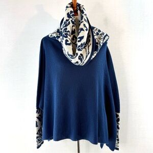 Peru Etnico Baby Alpaca Wool Blue and White Floral Cowl Neck Poncho Sweater
